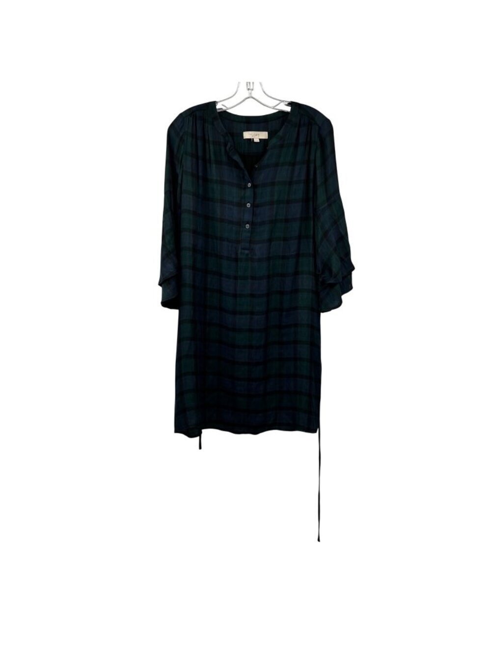Loft Womens Plaid Shift Dress 3/4 Ruffle Sleeve Belted Green/Blue Size Small